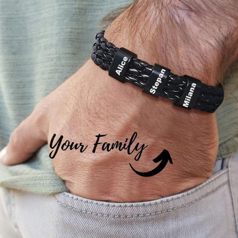 Pulsera de cuero trenzado para hombre, brazalete con cuentas personalizadas con nombre, regalos familiares, color negro ► Foto 1/6