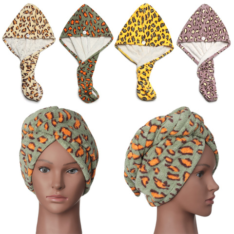 Turbante de pelo seco colorido para mujer y niña, gorro de baño, toalla de secado para la cabeza, gorro de secado rápido con estampado de leopardo, ducha, cabello seco ► Foto 1/6