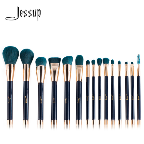 Jessup cepillos 15 piezas pinceles maquillaje cepillo de base de polvo de sombra delineador de ojos del contorno de los labios corrector mancha azul/verde oscuro ► Foto 1/6