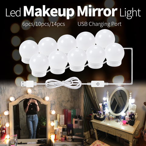 Bombillas LED para espejo de maquillaje, USB, Hollywood, luces de tocador, iluminación de tocador de baño, lámpara de pared LED regulable ► Foto 1/6