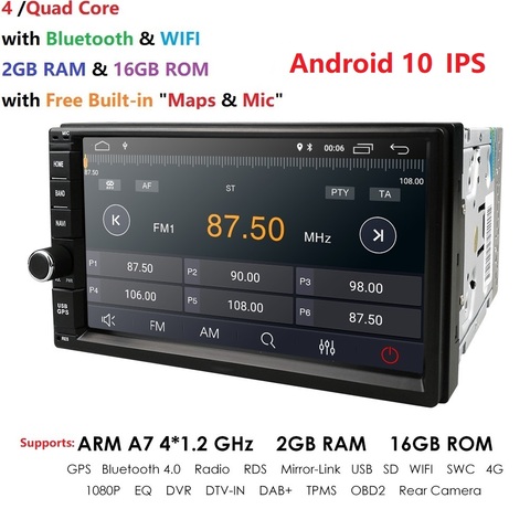 Radio con GPS para coche, reproductor Multimedia con Android 10, IPS, cuatro núcleos, 7 pulgadas, 2DIN, NO-DVD, Universal, Audio estéreo, USB, 1024x600 ► Foto 1/6