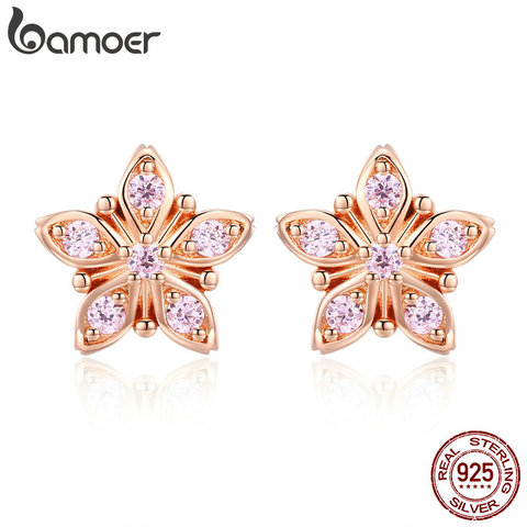 BAMOER-pendientes de tuerca exquisitos para mujer, de Plata de Ley 925 auténtica, flor Rosa Sakura, joyería para fiesta y boda, regalo BSE034 ► Foto 1/6