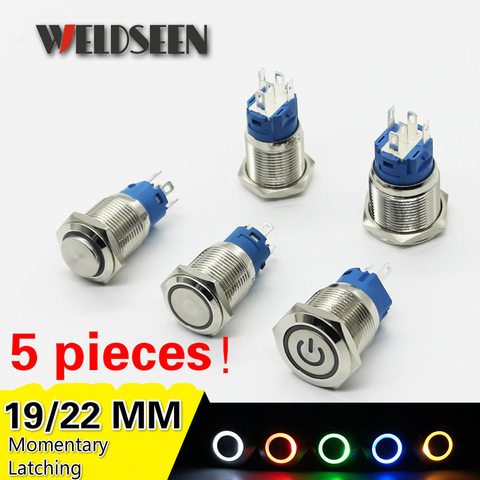 5 piezas interruptor de botón de Metal luz LED 3V 6V 12V 24V 220V tipo momentáneo/de bloqueo Botón Start Stop ► Foto 1/5