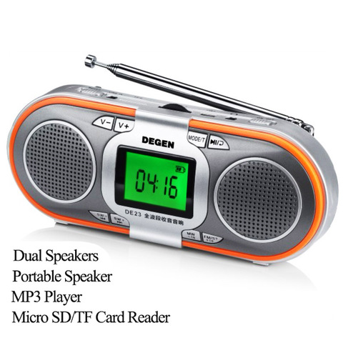 Degen DE23-Radio de onda corta AM/FM recargable 3 en 1 con altavoces duales, altavoz portátil y reproductor de MP3 con Lector de Tarjetas Micro SD ► Foto 1/6