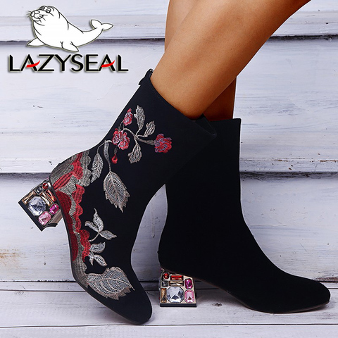 LazySeal-Botas bordadas para mujer, zapatos de media pantorrilla con tacones cuadrados de diamantes de colores, cremallera trasera, calcetín de cuero Pu, botas para motocicleta ► Foto 1/1