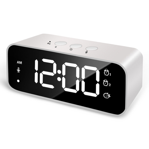 Reloj de música con espejo LED para grabación de sonido, recargable, con alarmas duales y cargador de teléfono de mesa para dormitorio Escritorio de decoración ► Foto 1/6