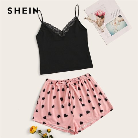 SHEIN, Conjunto de pijama negro con parte superior de encaje con corazón rosa, conjunto de PJ para mujer, ropa de dormir Sexy de otoño sin mangas, conjuntos de - Historial de
