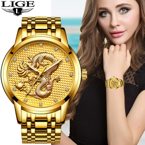 LIGE-Reloj clásico de lujo para mujer, accesorio de pulsera de cuarzo con diamantes dorados, Incluye caja, 2022 ► Foto 1/6