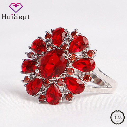 HuiSept-anillo clásico de plata 925 con gemas de Rubí, joyería en forma de flor para mujer, anillos de promesa de boda, adornos para fiesta, venta al por mayor ► Foto 1/6