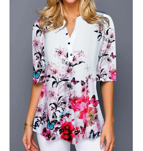 Camiseta S-5XL de talla grande para mujer, camiseta de media manga para mujer, camisetas con estampado Floral holgadas, Tops informales, ropa de otoño Irregular para mujer ► Foto 1/6