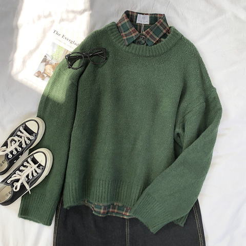 Mooirue-Jersey de cuello redondo verde oscuro, jersey de manga larga cálido para otoño ► Foto 1/6