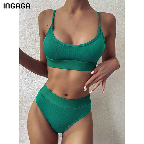INGAGA-Bikinis de cintura alta para mujer, ropa de baño del 2022, trajes de baño con Push-Up, Bikini brasileño liso acanalado, trajes de baño con tirantes ► Foto 1/6