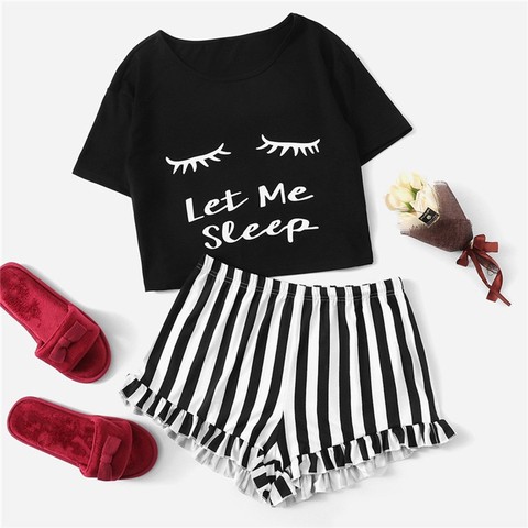 Conjunto de pijama para mujer, lencería sexy, ropa informal, camiseta de manga corta, pantalones cortos ► Foto 1/6