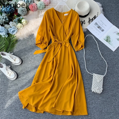 Neploe Vintage Midi con cuello en V venda larga Vestido manga linterna Vestido casuales de las mujeres de cintura alta elegante a-Línea de Vestidos 49864 ► Foto 1/6