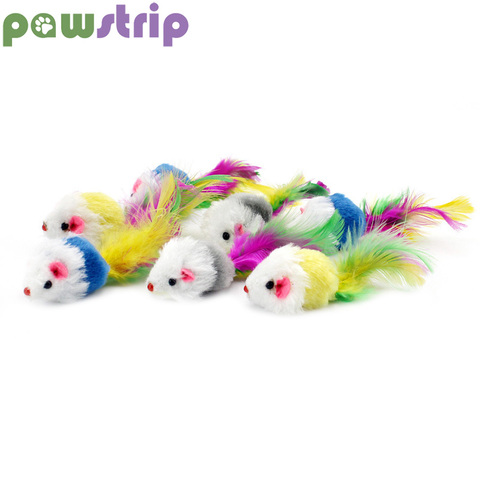 Pawstrip-5 unids/lote de ratón falso para gatos, juguete para gatos con plumas de piel sintética con sonido, ratones sonajeros, gatos jugando, juguete interactivo ► Foto 1/6