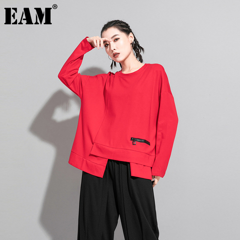 EAM-Camiseta de manga larga con cuello redondo para mujer, ropa femenina de color rojo Irregular con articulación dividida, talla grande, a la moda, para primavera y otoño, 1DA605, 2022 ► Foto 1/6