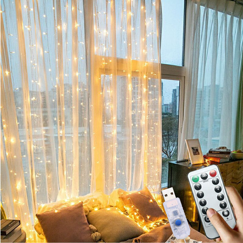 Guirnaldas de luces LED para cortina de Casa guirnalda de cuerdas de 3M, Control remoto por USB, Año Nuevo, decoración de ventanas para dormitorio de Navidad, 300 ► Foto 1/6