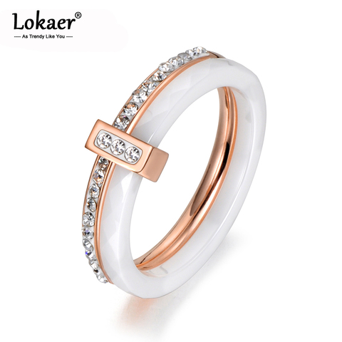 Lokaer-anillos de boda con cristal de cerámica, 2 capas, negro/blanco, joyería, oro rosa/blanco, acero inoxidable, diamantes de imitación, compromiso, R18054 ► Foto 1/6