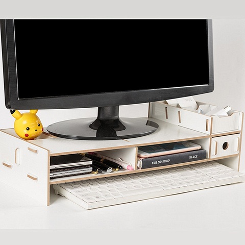 Soporte de madera para Monitor de ordenador, estante de almacenamiento de escritorio, organizador de pantalla, 48x20x12,3 cm ► Foto 1/6