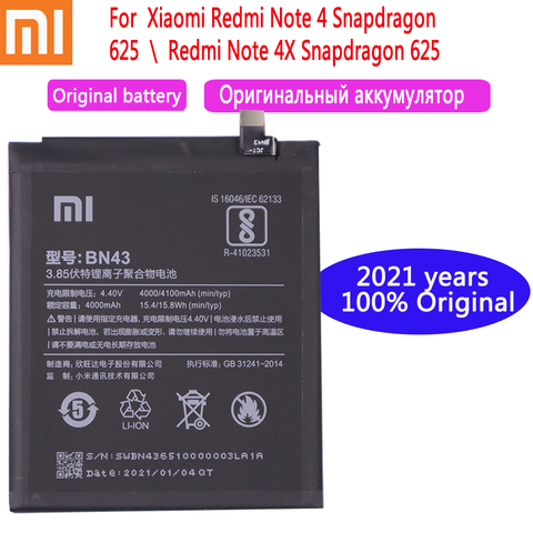 4000mAh 2022 años 100% xiaomi batería Original BN43 para Xiaomi Redmi Note 4X Nota 4 mundial Snapdragon 625 de la batería del teléfono ► Foto 1/5