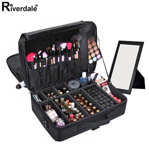 Estuche de maquillaje profesional de nailon para mujer, estuche de viaje portátil, caja de organización cosmética con maletín de belleza con espejo ► Foto 1/6