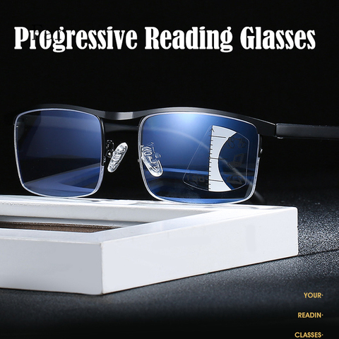 Nuevo Progresista gafas de lectura de las mujeres de los hombres Multifocal Bifocal presbicia con aumento Gafas de Metal Anti azul Ray marco cuadrado de 2,0 ► Foto 1/6