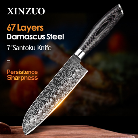 XINZUO-cuchillo de Santoku de 7 pulgadas, cuchillo de cocina Damascus japonés de acero inoxidable de alto carbono, Gyuto, cocinero, Chef, Pakkawood, mango ► Foto 1/6