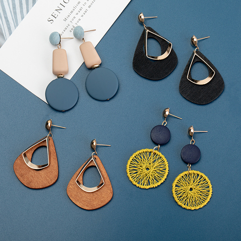 VCORM-pendientes coreanos para mujer, de madera, geométricos, colgantes hueca, declaración de moda, aretes de gota azules y verdes, joyería ► Foto 1/6