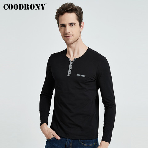 COODRONY, Camiseta de algodón para hombre, nueva camiseta de manga larga de primavera otoño 2022, Camiseta con cuello Henry para hombre, Tops casuales de moda 7617 ► Foto 1/6