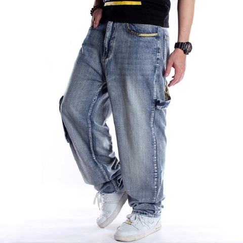 Pantalones vaqueros con bolsillos laterales para hombre, Jeans holgados de Hip Hop, talla grande 44 46 ► Foto 1/6