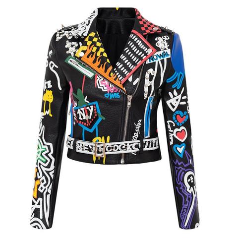 Chaqueta de cuero sintético con cuentas estilo tachuelas para mujer, chaqueta con estampado colorido de grafiti para motorista, ropa de calle PUNK ► Foto 1/5