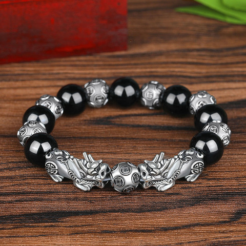 Feng Shui de piedra obsidiana pulsera con cuentas hombres mujeres Unisex pulsera de plata de oro Color negro Pixiu riqueza buena suerte pulsera de las mujeres ► Foto 1/5