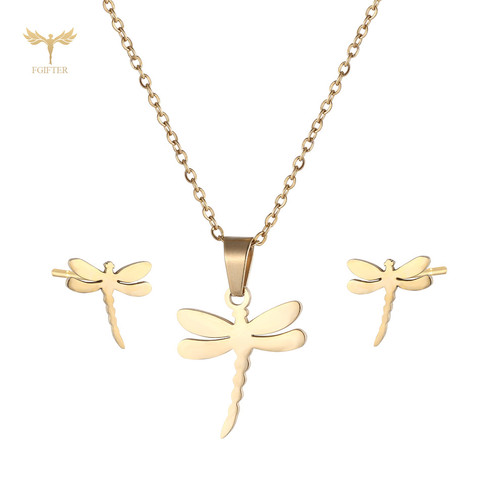 Conjunto de joyería de acero inoxidable dorado con diseño de libélula, collar y pendientes con cierre de tuerca, para mujeres y niñas ► Foto 1/6
