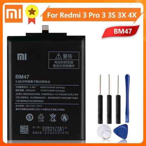 Xiao Mi Xiaomi BM47 de la batería del teléfono para Xiao mi Redmi 3S 3S 3X Redmi 4X Redmi3 Pro Redrice 3 4000mAh BM47 batería Original + herramienta ► Foto 1/6