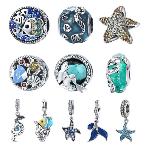 BISAER Dropshipping 925 Plata de Ley cola de sirena estrella de mar peces tropicales cuentas dijes fit Charm pulseras plata 925 joyería ► Foto 1/6