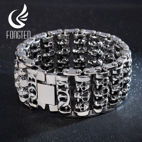 Fongten Vintage Skull Wide Metal Biker Viking Acero inoxidable encanto pulsera grande Argent hombres brazalete joyería ► Foto 1/6