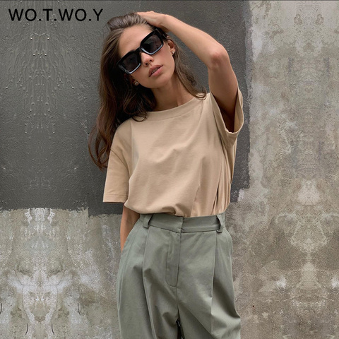 WOTWOY-Camiseta lisa básica de punto para mujer, camisetas informales de algodón de manga corta, camisetas para mujer, S-XL de moda 2022 ► Foto 1/6