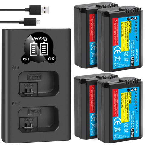 Batería NP-FW50 NP FW50 de 2000mAh y cargador Dual USB LED para Sony A6000, A6400, A6300, A6500, A7, A7II, A7RII, A7SII, A7S, A7S2, A7R, 4 Uds. ► Foto 1/6