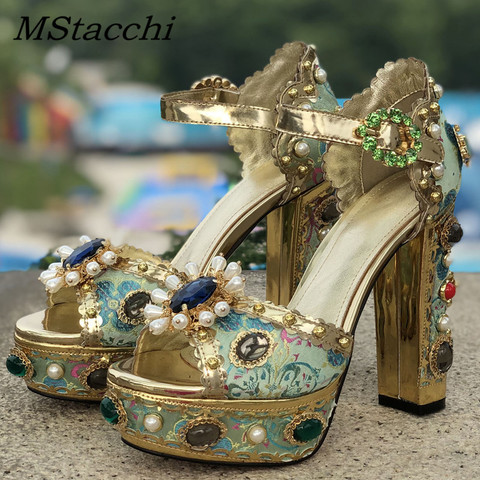 MStacchi-Sandalias de tacón grueso de cristal de lujo para mujer, zapatos de tacón alto con plataforma bordada, zapatos de mujer con estrás para boda ► Foto 1/6