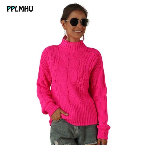 Suéter de punto de talla grande para mujer, suéter de Cuello medio alto para mujer, jerséis cálidos de color fluorescente a la moda, tops de otoño e invierno, novedad ► Foto 1/5