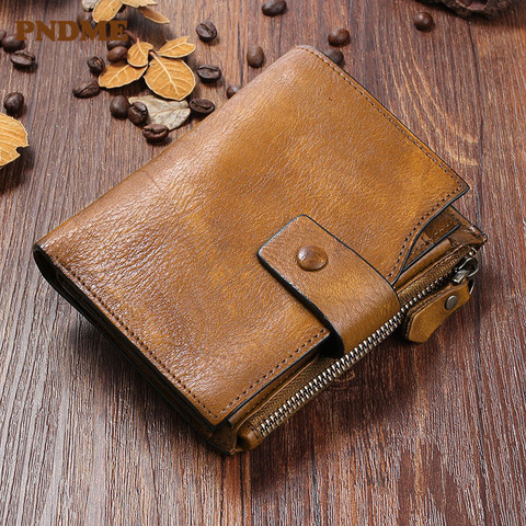 PNDME-monedero vintage de cuero genuino para hombre y mujer, cartera pequeña de diseñador, Cuero de vaca real de alta calidad, tarjetero ► Foto 1/6