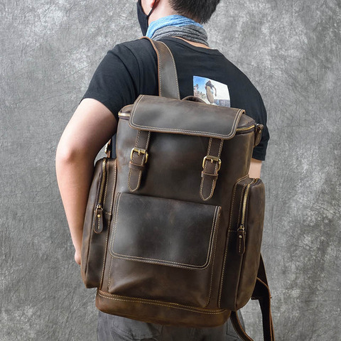 Mochila Retro de cuero genuino para hombre, bolso escolar para ordenador portátil de gran capacidad 15,6, bolso de hombro para hombre, mochila de viaje de piel de vaca ► Foto 1/6