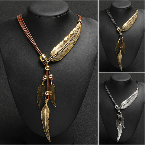 Colgante de cadena de cuerda de estilo Nuevos Bohemios para mujer, diseño de plumas y hojas, joyería fina, collar con estilo, EIG88 ► Foto 1/6