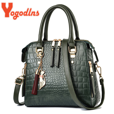 Yogodlns-Bolso de mano de piel sintética con diseño de cocodrilo para mujer, bolso de hombro con borlas, con asa ► Foto 1/6