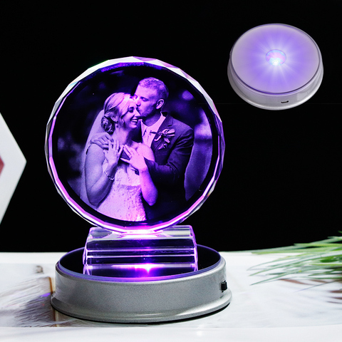 Marco de foto de cristal personalizado, Base LED colorida, láser, imagen grabada, regalo de recuerdo, Marco de fotos de boda de vidrio personalizado ► Foto 1/6