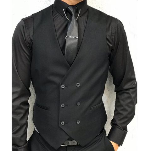 Chaleco Formal negro para hombre, con doble botonadura, cuello en V, traje de una pieza, esmoquin de boda personalizado, abrigo de cintura, nueva moda ► Foto 1/1