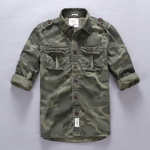 Camisas casuales de moda para hombre, camisas de algodón y lino con bolsillos de manga larga, estilo militar, de camuflaje, para Fans del ejército Safari, para verano ► Foto 1/5