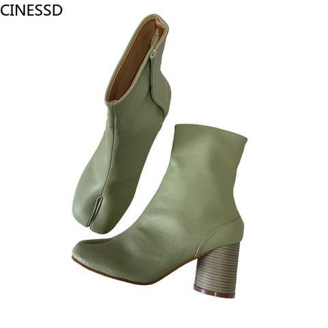 Las mujeres Split Toe tobillo botas de cuero genuino de cuero de piel de oveja tacones redondos zapatos para mujer botas Ninja Tabi botas de mujer ► Foto 1/6