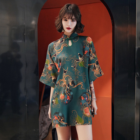 Vestido de fiesta chino tradicional de Hanfu Qi Pao para mujer, Cheongsam Retro, estilo Harajuku japonés, Vintage, carpa, grúa, impreso, Qipao ► Foto 1/6