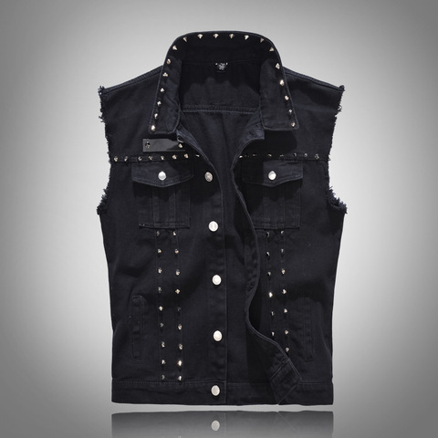 Chaleco vaquero Punk Rock para hombre, remache vaquero negro, Estilo de Motocicleta sin mangas, M-5XL, novedad de 2022 ► Foto 1/6